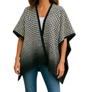 NICOLE MILLER Original Black White Ombre Houndstooth Fleece Cape Shawl Preppy OS
